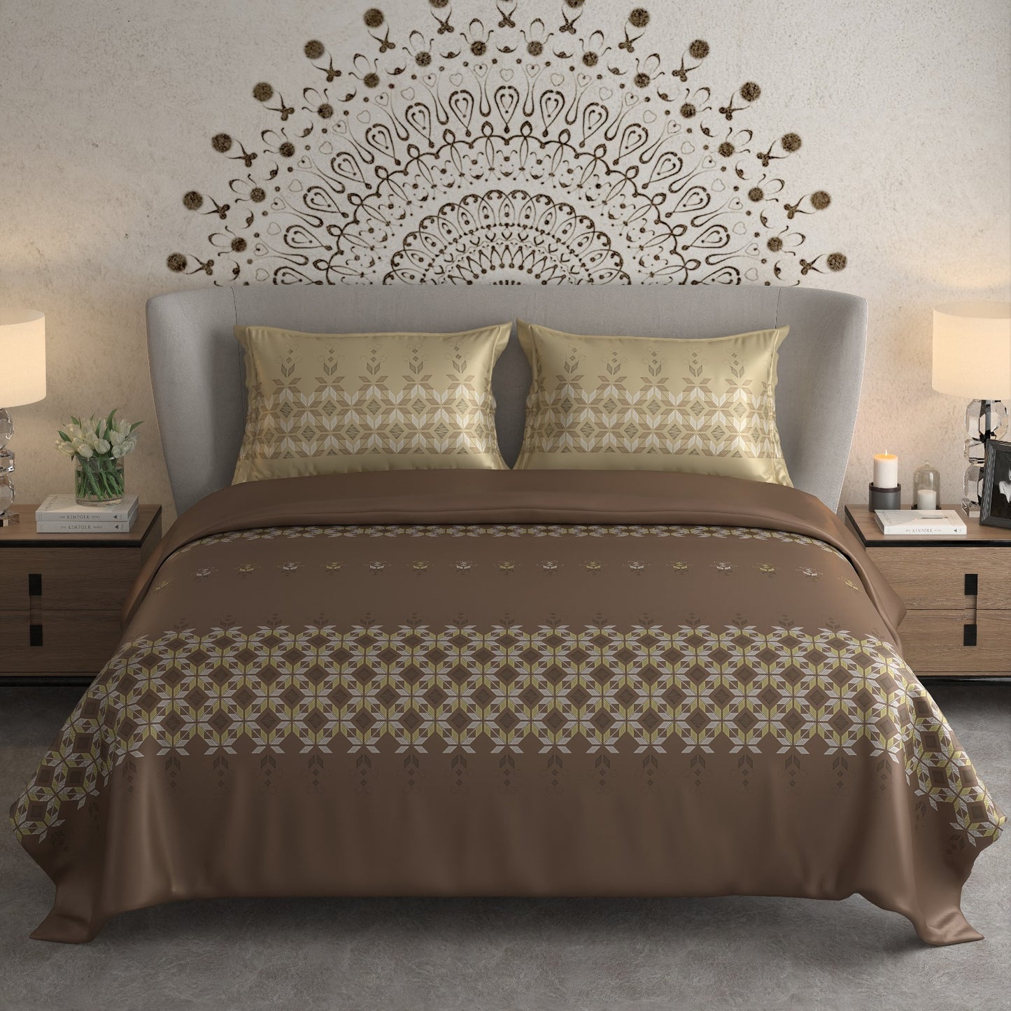 Pure Cotton 300 TC Luxurious King Size Bedsheet With Two Pillow Covers, Metallic Brown