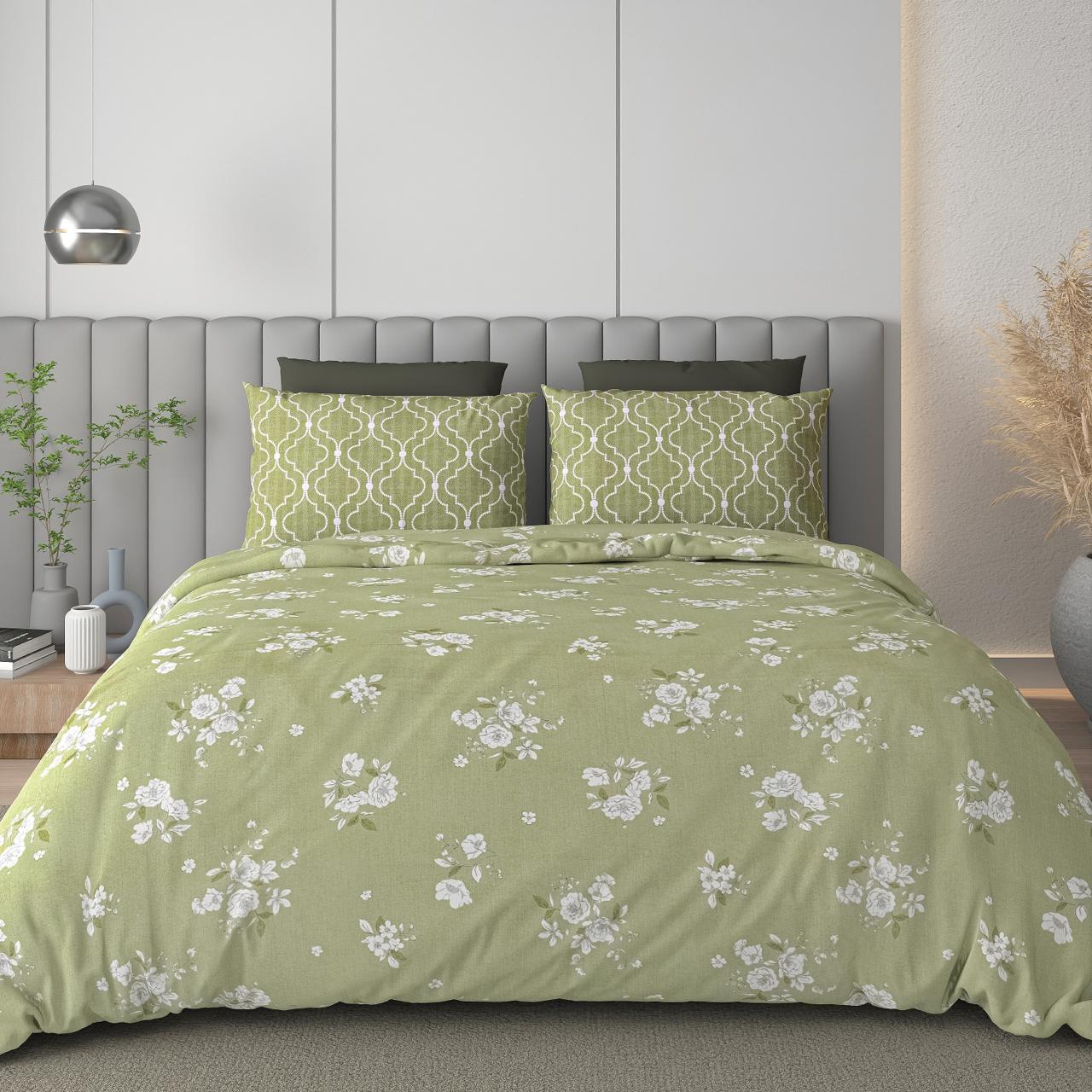 100% Cotton King Size Bedsheet With Two Pillow Covers, Olive