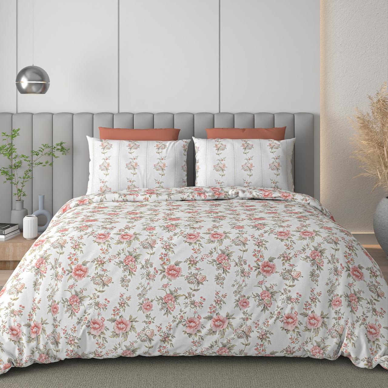 100% Cotton King Size Bedsheet With Two Pillow Covers, White & Peach