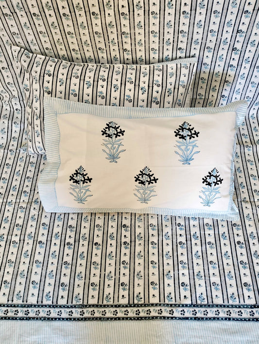 100% Pure Cotton Handblock 200 TC Percale King Size Bedsheet With Two Pillow Covers, Shades Of Blue