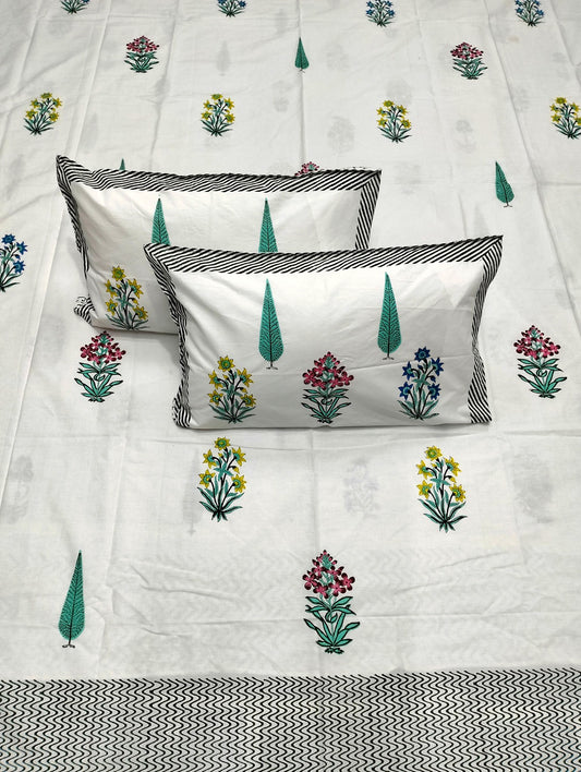 100% Pure Cotton Handblock 200 TC Percale King Size Bedsheet With Two Pillow Covers, Multicoloured