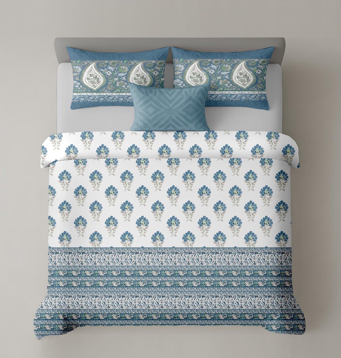 Mix & Match Premium Cotton King Size Bedsheet With Two Pillow Covers,Teal & Off White