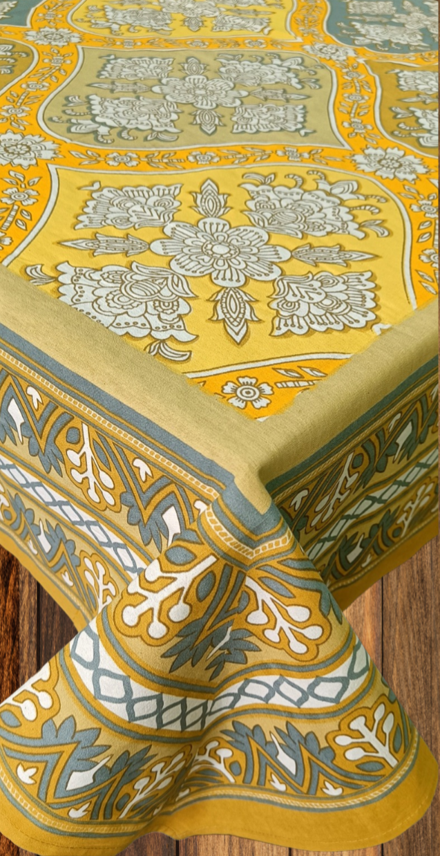 100% Cotton 6 Seater Dining Table Cover, Yellow & Grey