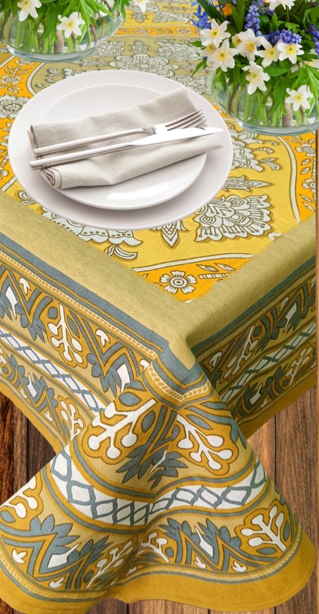 100% Cotton 6 Seater Dining Table Cover, Yellow & Grey