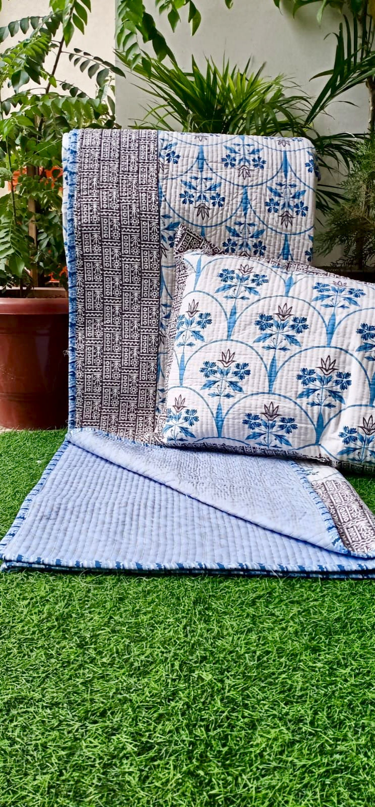 100% Cotton Quilted King Size Reversible Bedcover with Two Pillow Covers, Blue & Black