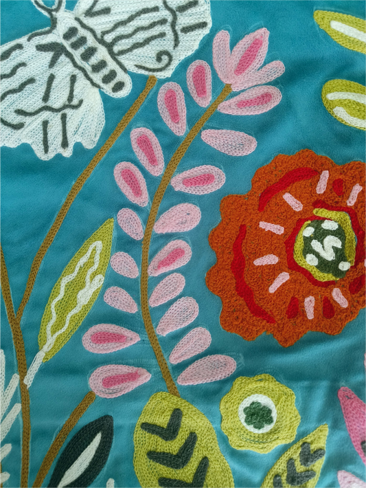 Velvet Embroidered Cushion Cover In 16 x 16 Inches, Ocean Blue