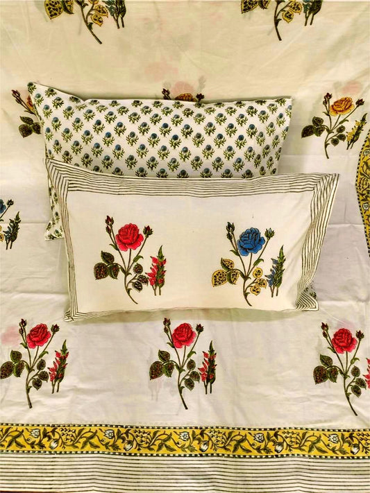 100% Pure Cotton Handblock 200 TC Percale King Size Bedsheet With Two Pillow Covers, Rose