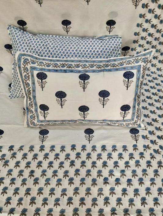 100% Pure Cotton Handblock 200 TC Percale King Size Bedsheet With Two Pillow Covers, Blue Floral