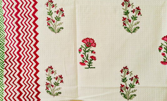 Pure Cotton Hand Block Waffle 30 x 60 Inches Bath Towel, White & Red