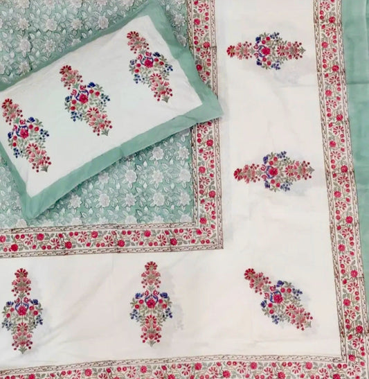 100% Pure Cotton Handblock 200 TC Percale King Size Bedsheet With Two Pillow Covers, Sage Green