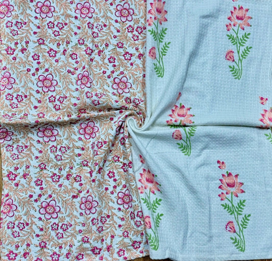 Pure Cotton Hand Block Waffle 30 x 60 Inches Bath Towel, Pink & Peach