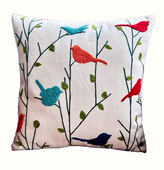 Embroidered Cushion Cover In 18 x 18 Inches, Birds & Branches