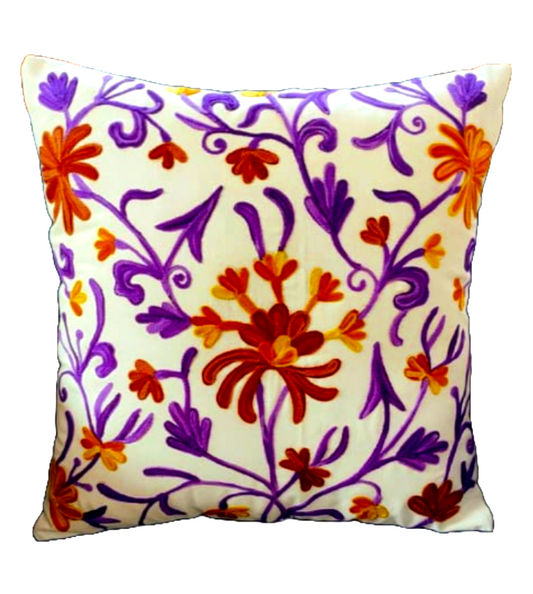 Embroidered Cushion Cover In 16 x 16 Inches, Purple & Yellow