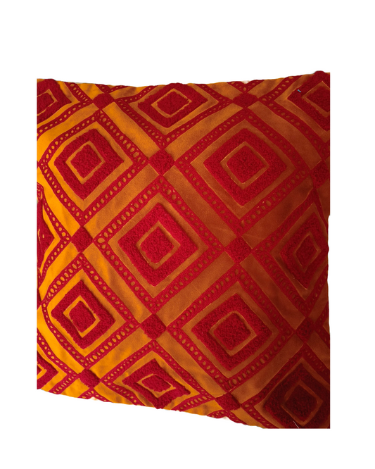 Velvet Embroidered 16 x 16 Inches Cushion Cover, Mustard & Red