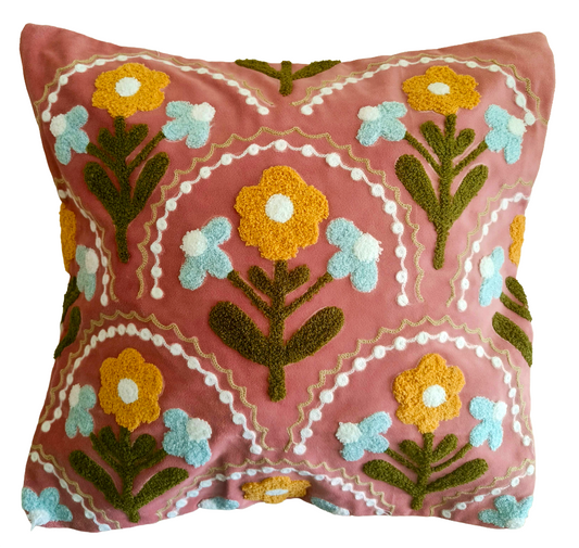 Velvet Embroidered Cushion Cover In 16 x 16 Inches, Dusty Pink