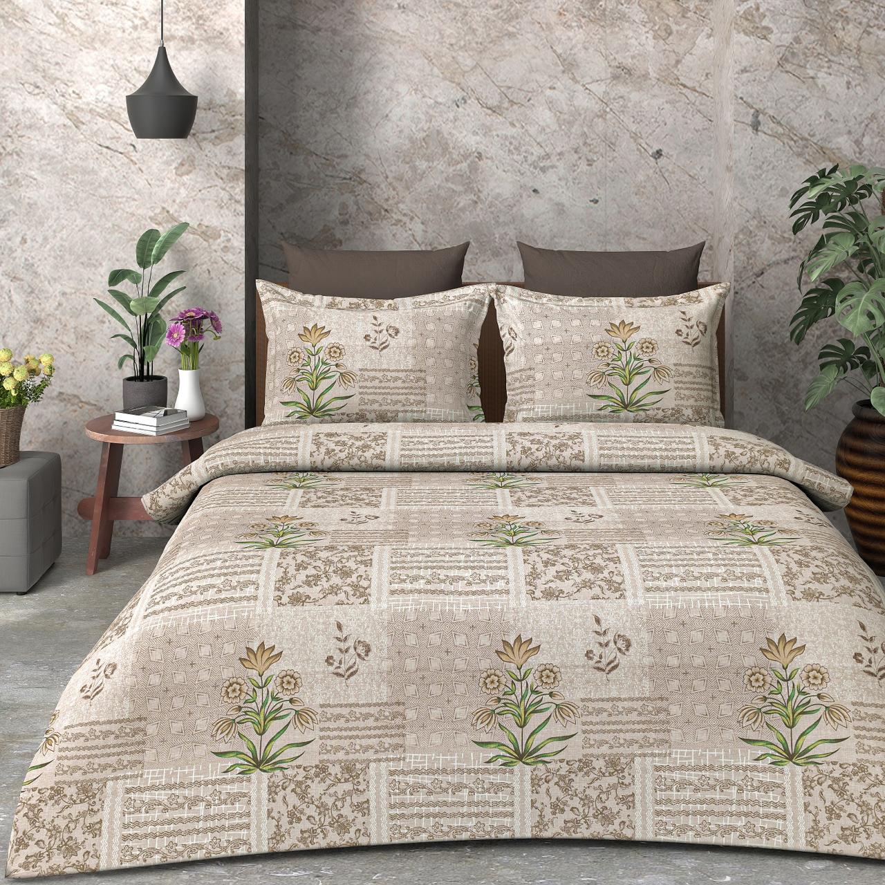 100% Cotton King Size Bedsheet With Two Pillow Covers, Brown Abstract