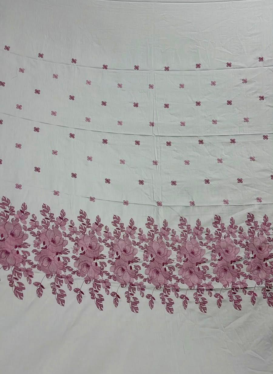 Pure Cotton King Size Embroidered Bedsheet with Two Pillow Covers, White & Mauve Pink