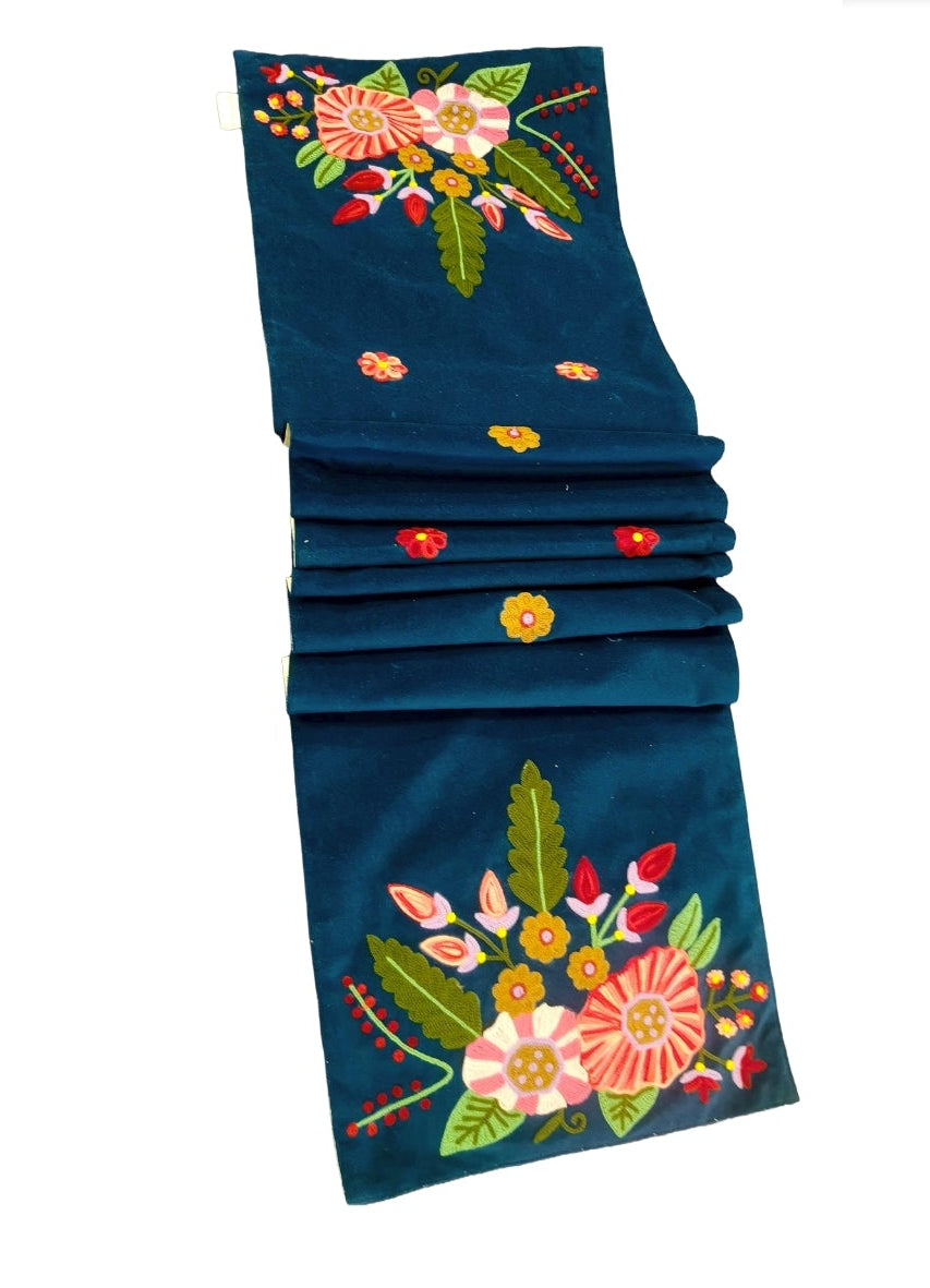 Embroidered Velvet Table Runner, Dark Teal