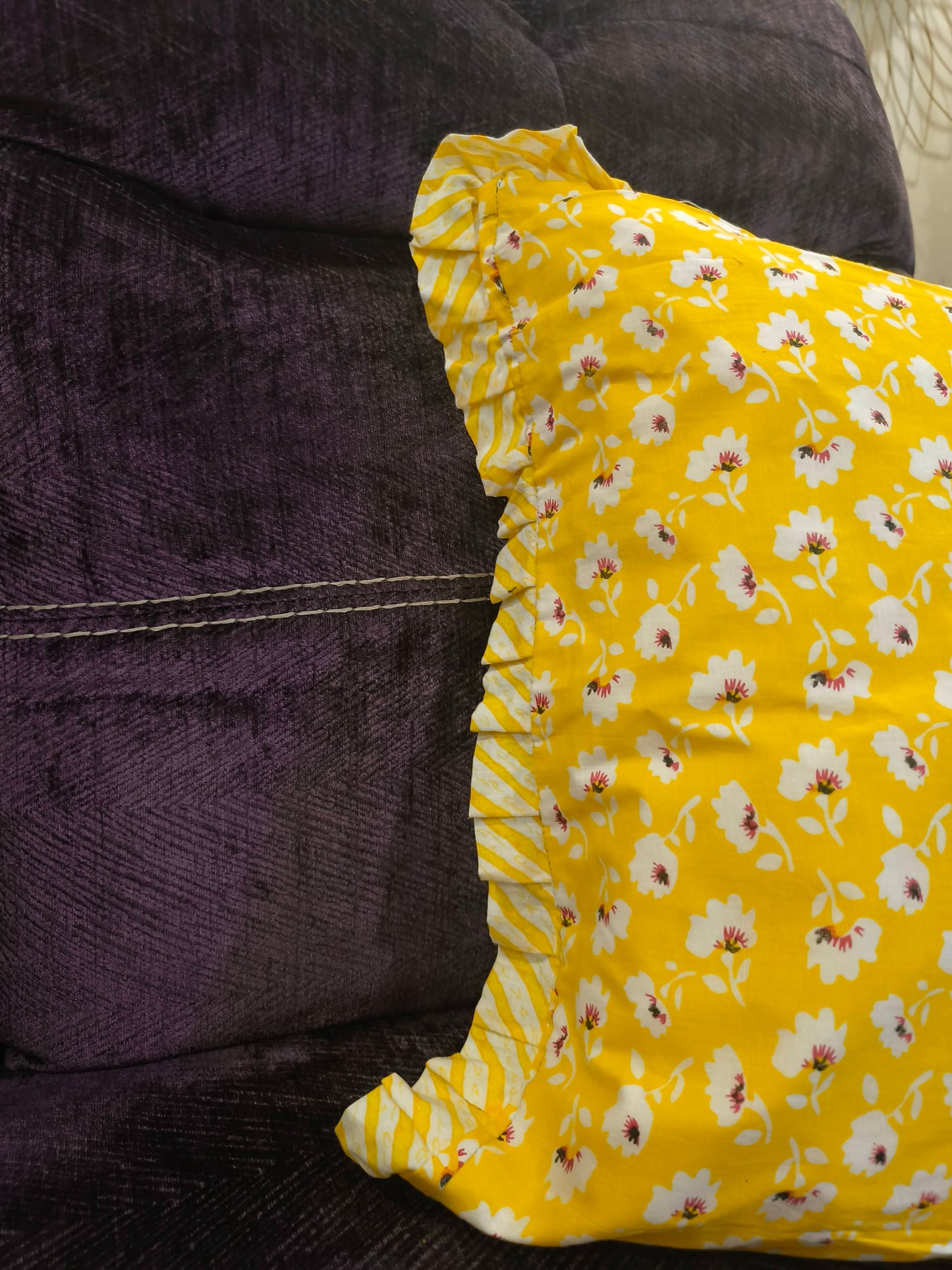 Pure Cotton Ruffled Cushion Cover In 18 × 18 Inches, Sunshine Yellow