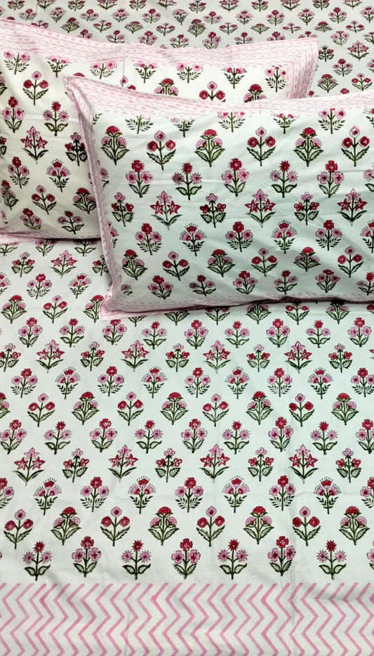 100% Pure Cotton Handblock 200 TC Percale King Size Bedsheet with Two Pillow Covers, Pink & White