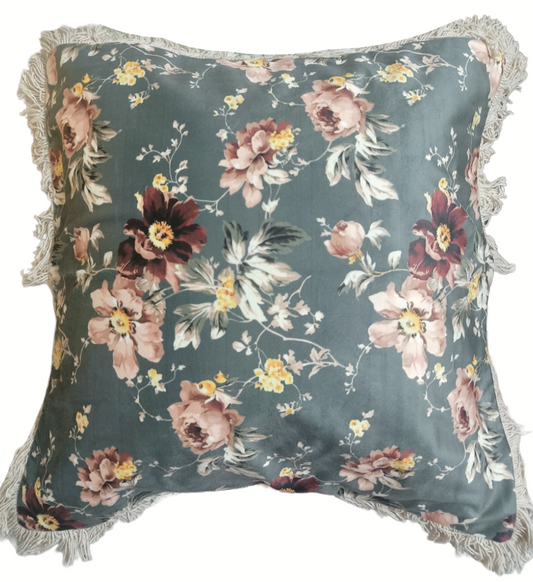 Velvet Printed Fringed Cushion Cover In Size 18 × 18 Inches, Grey