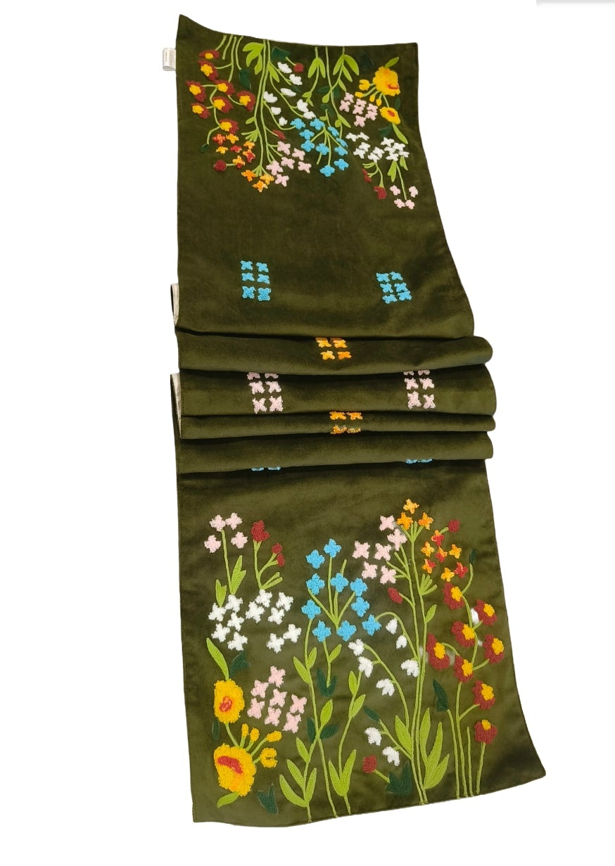 Embroidered Velvet Table Runner, Olive
