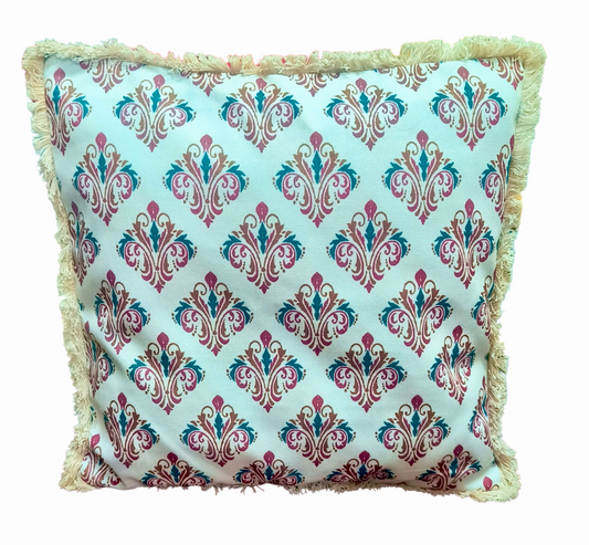 Printed Fringed Cotton Cushion Covers In 16 × 16 Inches, Ivory Ikat