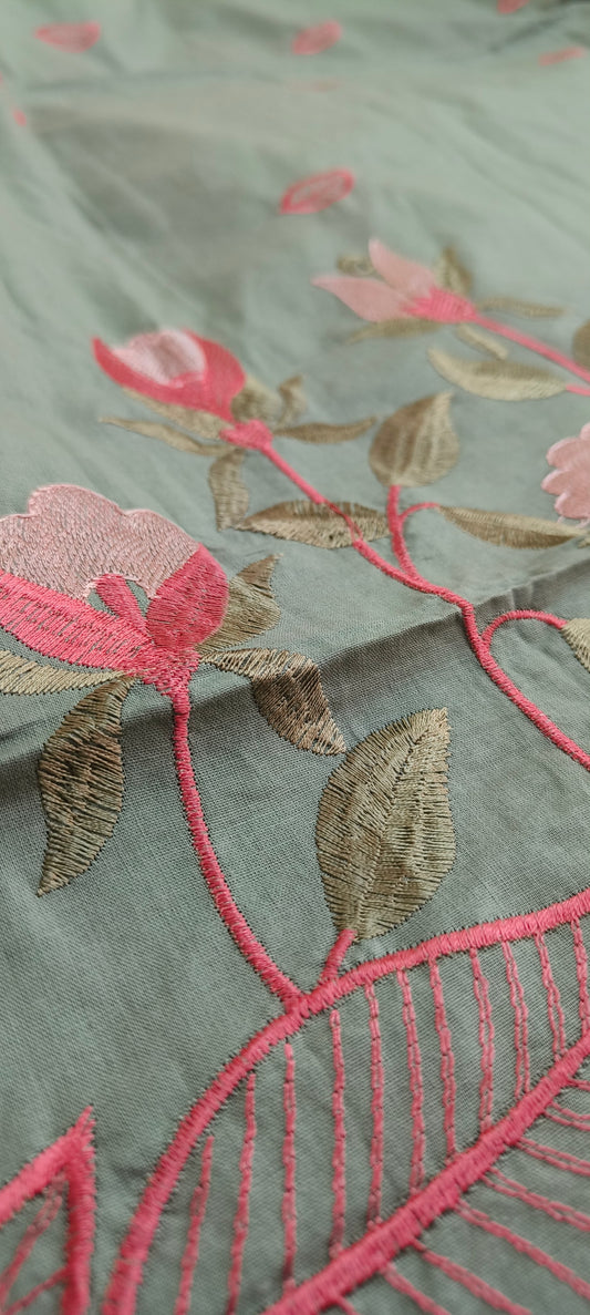 Pure Cotton King Size Embroidered Bedsheet with Two Pillow Covers, Sage Green & Pink