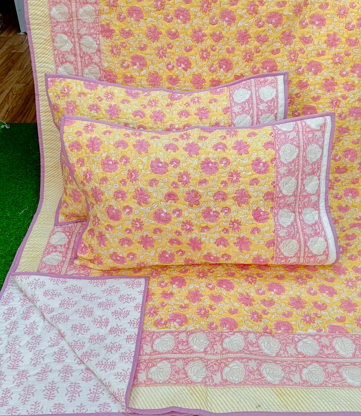 100% Premium Mulmul Cotton Reversible King Size Bedspread cum AC Quilt, Canary Yellow