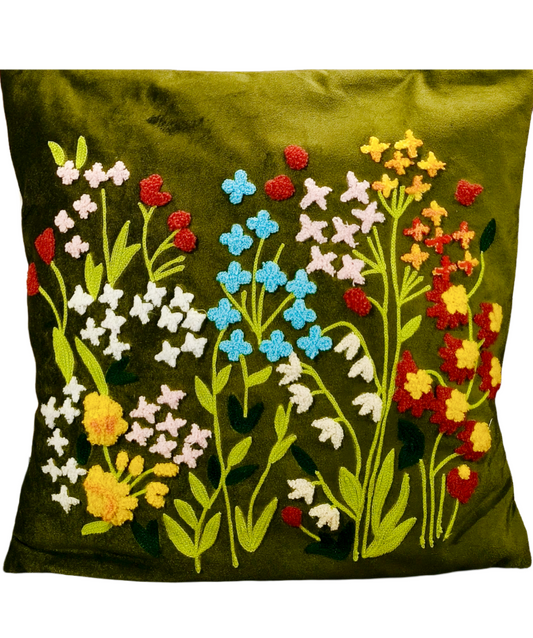 Garden Of Eden Velvet Cushion Cover In 16 × 16 Inches, Olive Multi