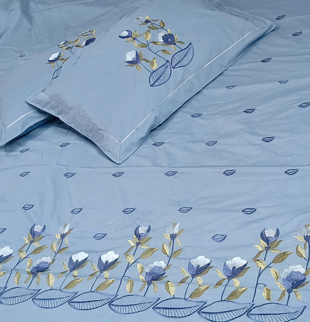 Pure Cotton King Size Embroidered Bedsheet with Two Pillow Covers, Periwinkle Blue