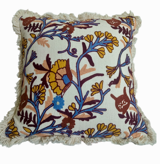 Embroidered Fringed Cushion Cover In 16 x 16 Inches, Botanical