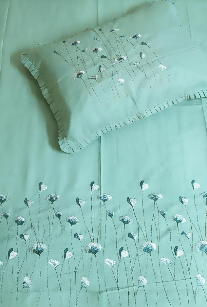 100% Cotton King Size Embroidered Bedsheet with Two Ruffled Pillow Covers, Mint Green