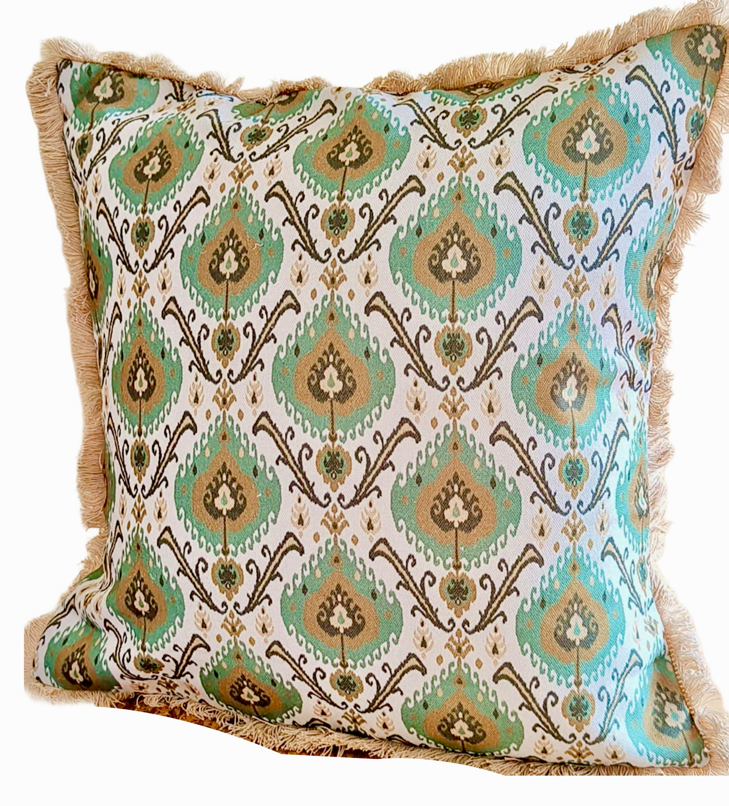 Printed Fringed Cushion Cover In Size 18 x 18 Inches, Green Ikat