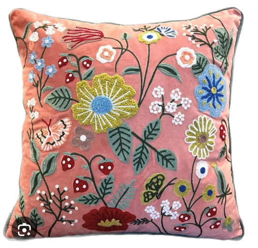 Enchanted Forest Embroidered Velvet 16 × 16 inches Cushion Cover, Coral Pink
