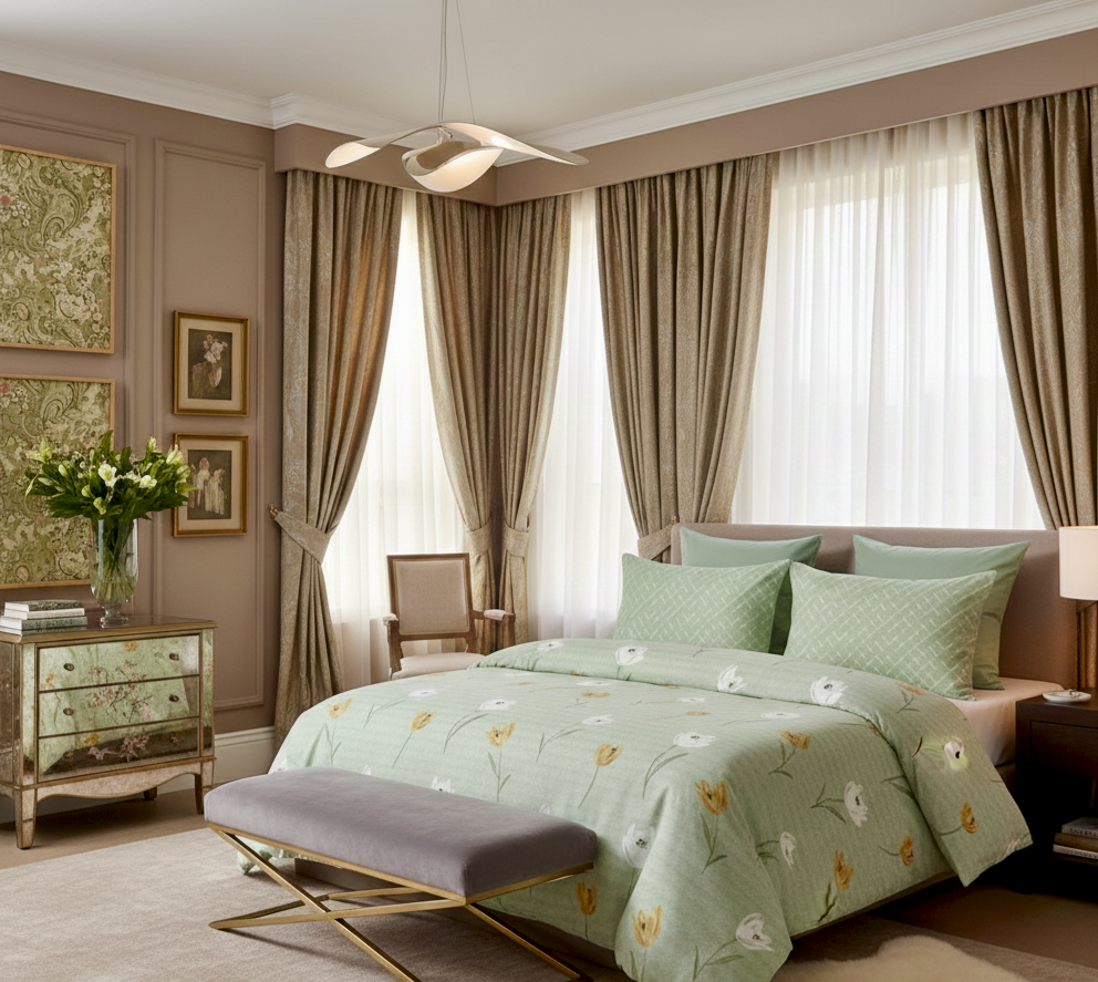 Luxury Cotton 200 TC Super King Size Bedsheet, Green Tulip