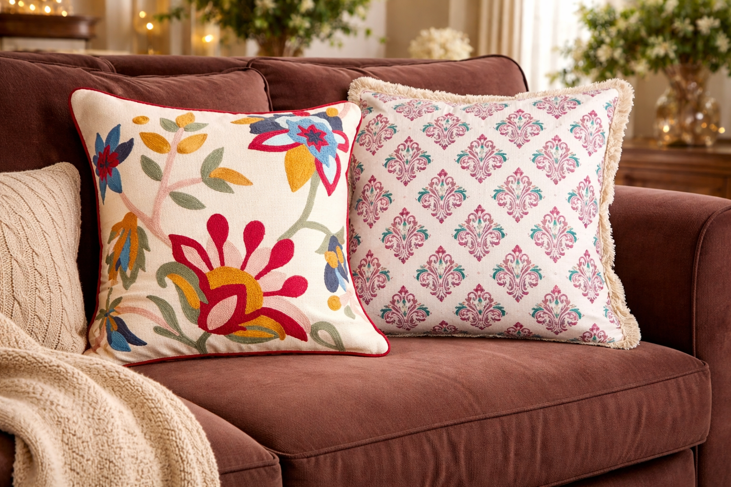 Printed Fringed Cotton Cushion Covers In 16 × 16 Inches, Ivory Ikat