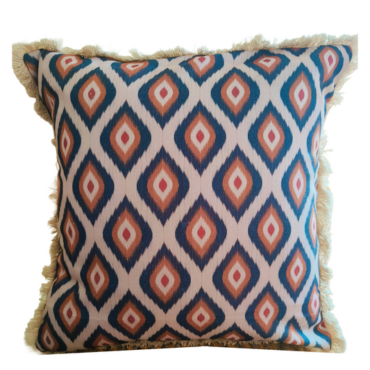 Printed Fringed Cushion Cover In Size 16 × 16 Inches, Navy Ikat