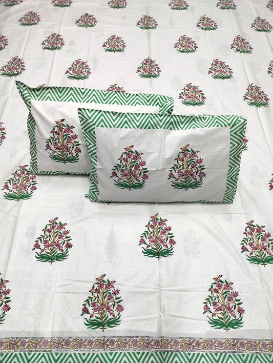 100% Pure Cotton Handblock 200 TC Percale King Size Bedsheet With Two Pillow Covers, Green Pink Motif