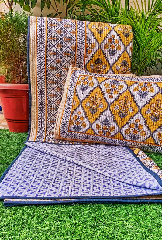 100% Cotton Quilted King Size Reversible Bedcover with Two Pillow Covers