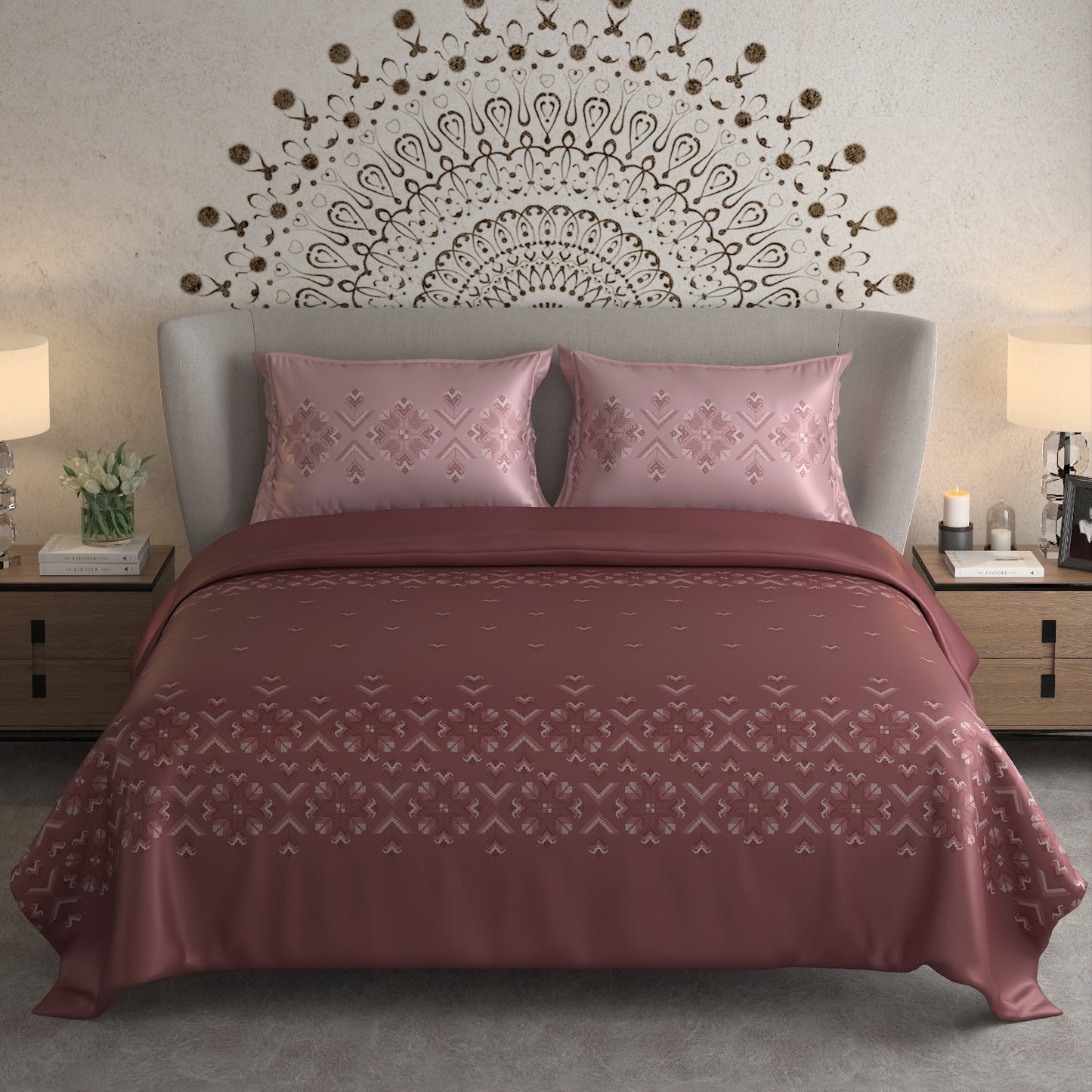 Pure Cotton 300 TC King Size Luxurious Bedsheet With Two Pillow Covers, Metallic Red