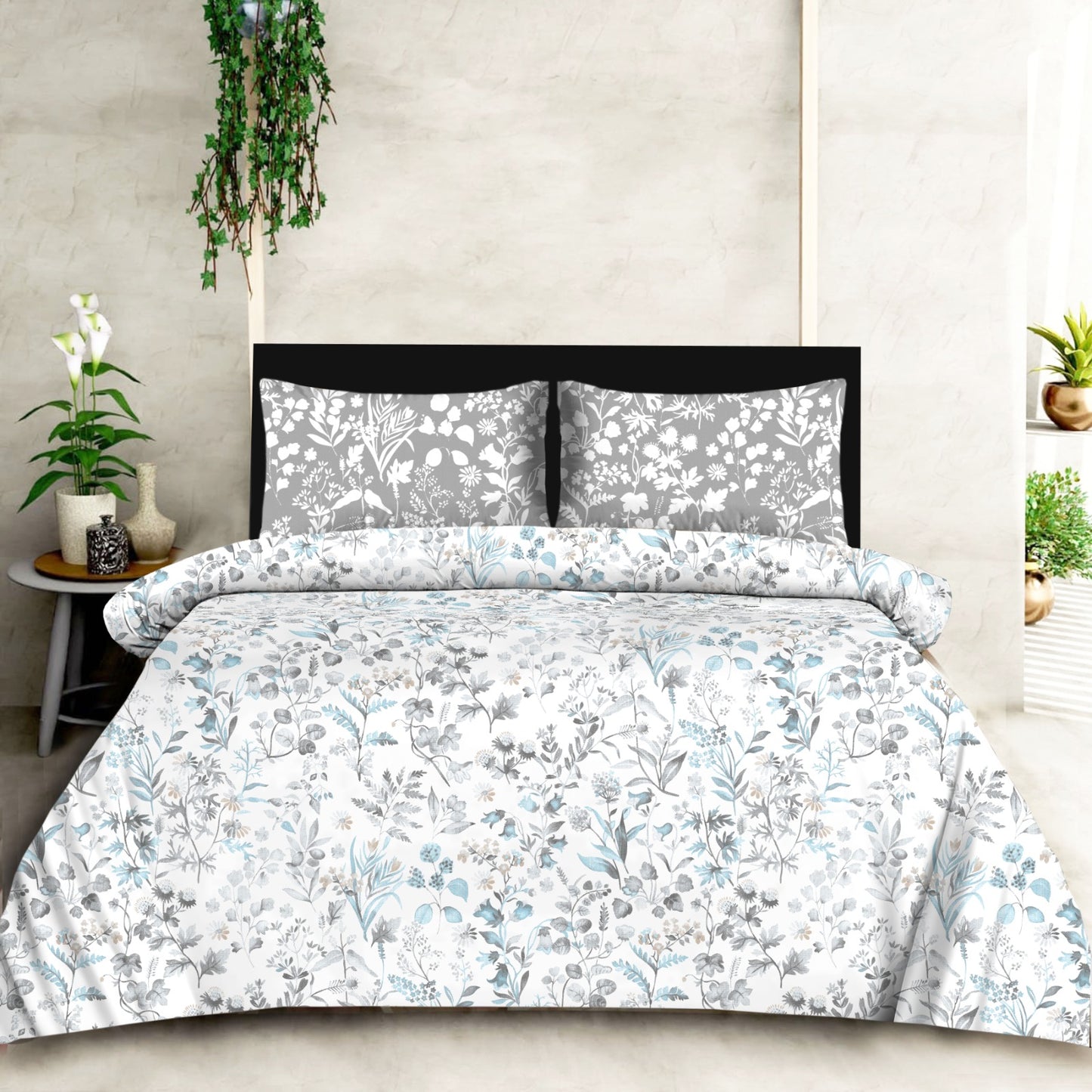 100% Pure Cotton 200 TC Super King Size Bedsheet, Grey & White