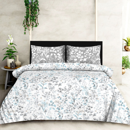 100% Pure Cotton 200 TC Super King Size Bedsheet, Grey & White