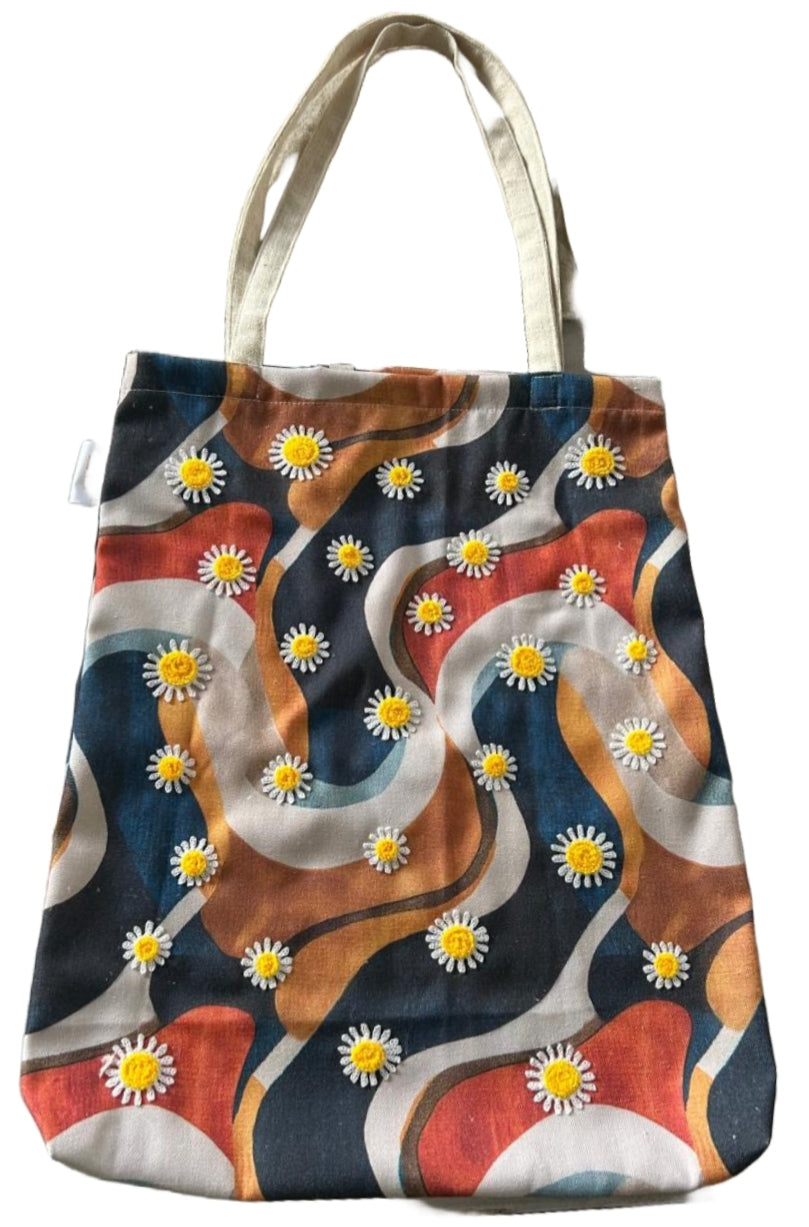 Daisy Dust Embroidered Cotton Tote Bags, Abstract