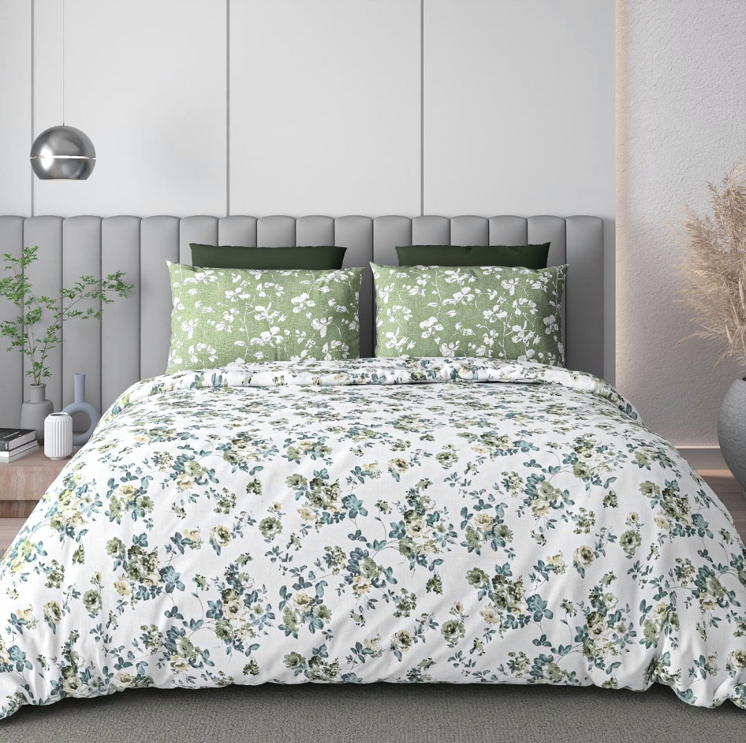 100% Cotton King Size Bedsheet With Two Pillow Covers, Green & Blue