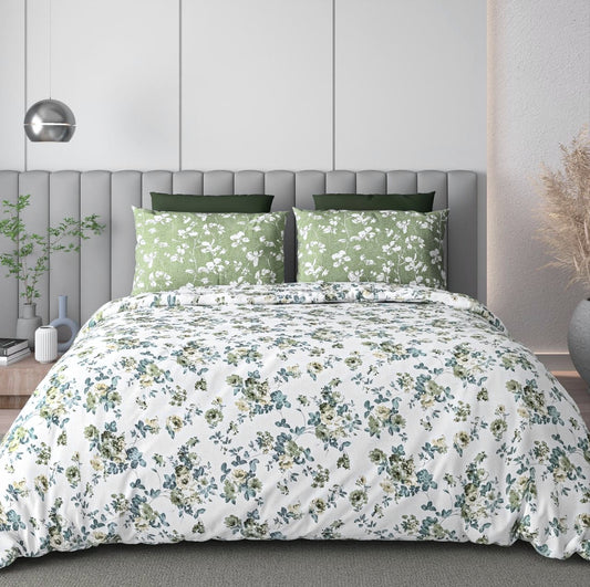 100% Cotton King Size Bedsheet With Two Pillow Covers, Green & Blue