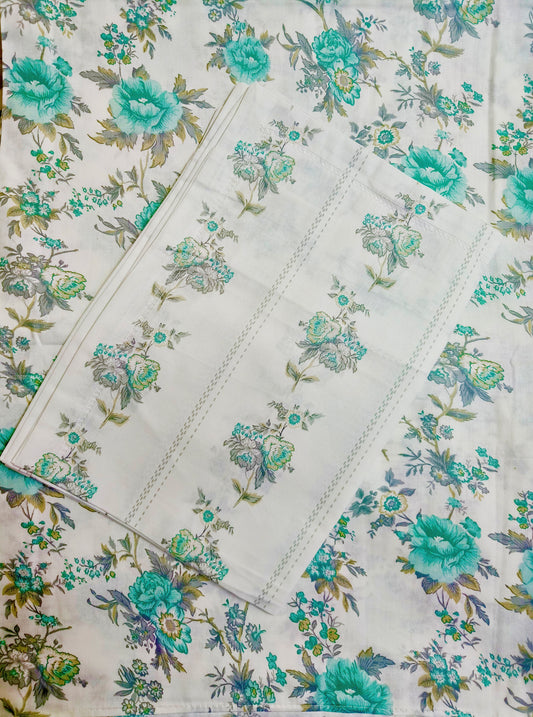 100% Cotton King Size Bedsheet With Two Pillow Covers, White & Green