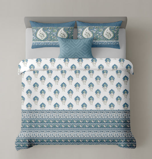 Mix & Match Premium Cotton King Size Bedsheet With Two Pillow Covers,Teal & Off White