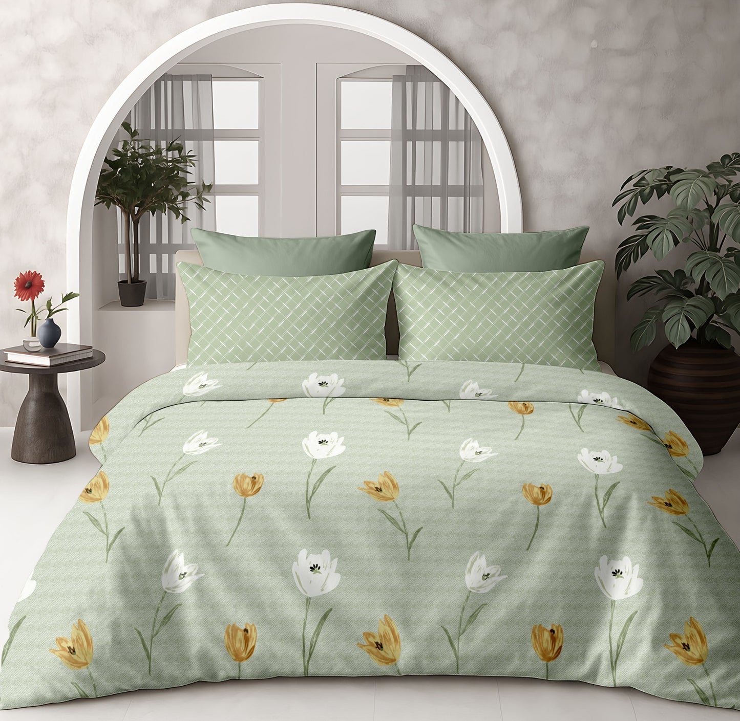 Luxury Cotton 200 TC Super King Size Bedsheet, Green Tulip