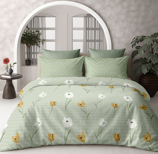 Luxury Cotton 200 TC Super King Size Bedsheet, Green Tulip